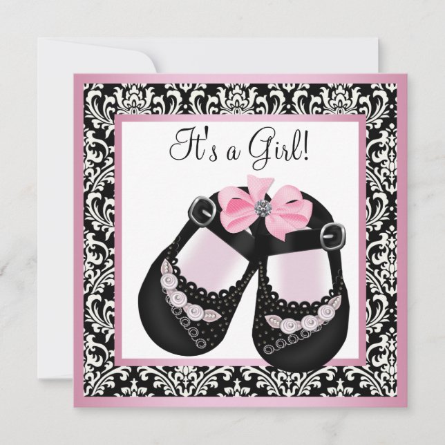 Rosa svarta damaskskor Babyflicka shower Inbjudningar (Framsida)