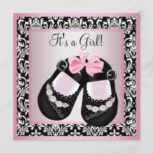 Rosa svarta damastskor Baby Girl Shower Inbjudningar
