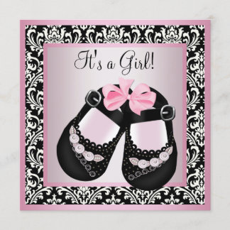 Rosa svarta damastskor Baby Girl Shower Inbjudningar