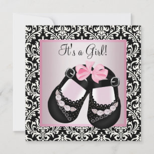 Rosa svarta damastskor Baby Girl Shower Inbjudningar