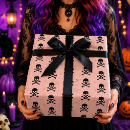 Rosa svarta dödskalle korskotor Halloween-mönster Presentpapper