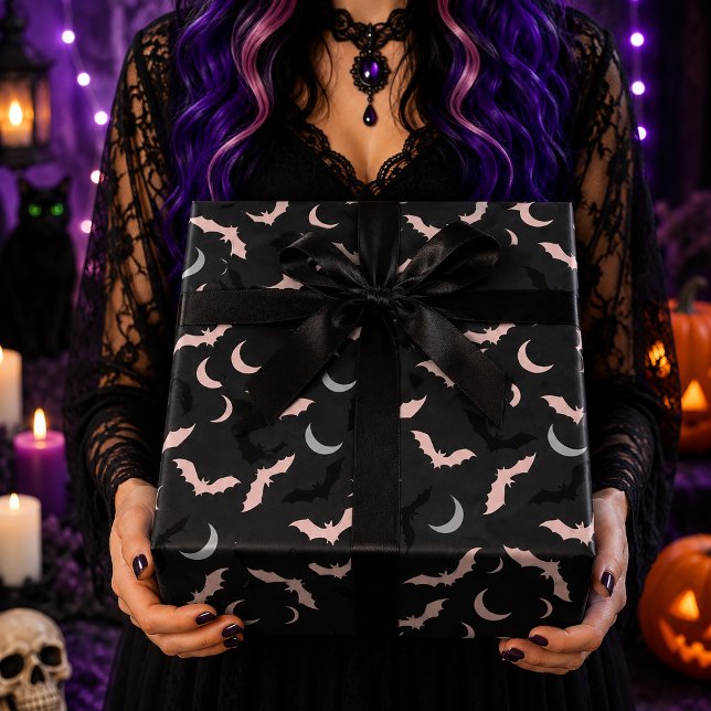 Rosa & Svarta Fladdermöss Celestial Måne Halloween Presentpapper (Skapare uppladdad)