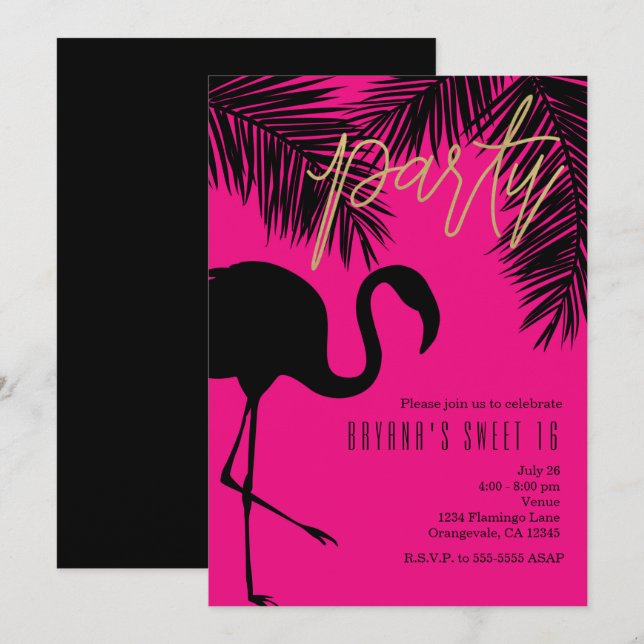 Rosa & Svarta Flamingo & Palm Partyinbjudningar Inbjudningar (Fram/baksida)