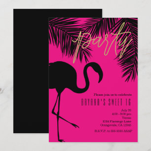 Rosa & Svarta Flamingo & Palm Partyinbjudningar Inbjudningar