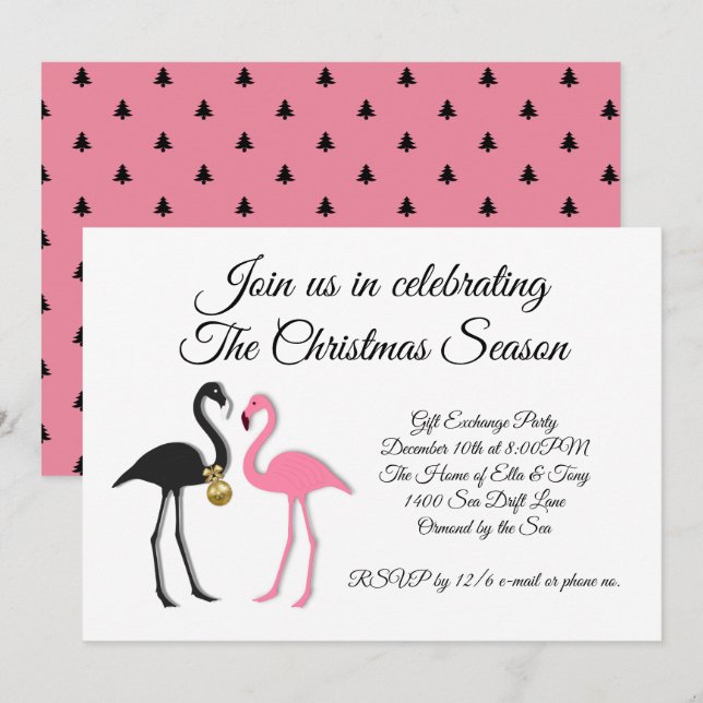 Rosa svarta flamingos julfest inbjudan (Fram/baksida)
