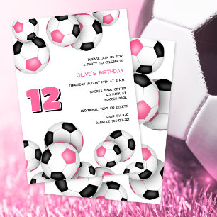rosa svarta fotbollar barns födelsedag party inbjudningar