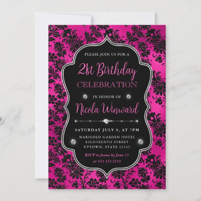 Rosa & Svarta Glitter Blommor Damask 21-årsdag Inbjudningar (Framsida)