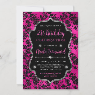 Rosa & Svarta Glitter Blommor Damask 21-årsdag Inbjudningar