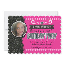 Rosa & Svarta Glitter Flickor Party Foto Inbjudnin
