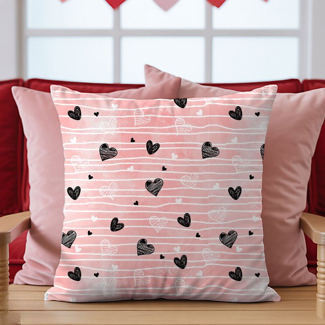 Rosa svarta hjärtan Sketch kudde Bästa Alla hjärta (Best Valentine’s Gift Pillow Pink Black Hearts Love)