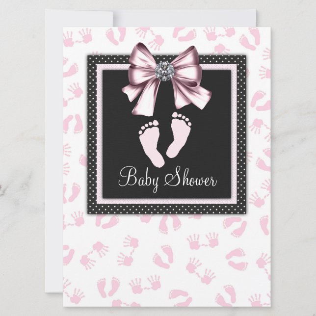 Rosa Svarta Rosa Fotspår Baby Shower Inbjudningar (Framsida)
