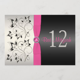Rosa, Svarta, Silver Grått Blommigt Bat mitzvah In Inbjudningar