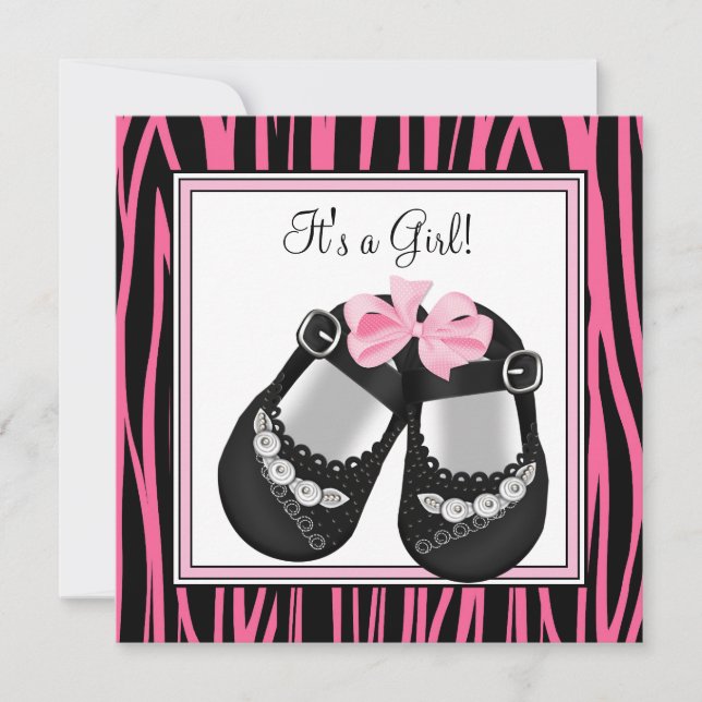 Rosa svarta skor Hot Pink Zebra Baby Shower Inbjudningar (Framsida)
