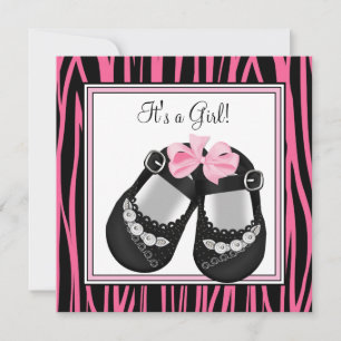 Rosa svarta skor Hot Pink Zebra Baby Shower Inbjudningar