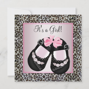 Rosa svarta skor Rosa leopard Babyflicka Shower Inbjudningar