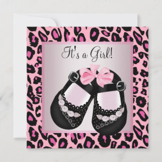 Rosa svarta skor Rosa leopard Babyflicka Shower Inbjudningar