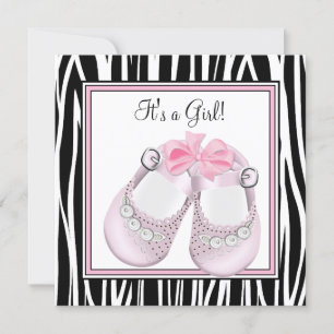 Rosa svarta skor Rosa sebra Baby Girl Shower Inbjudningar