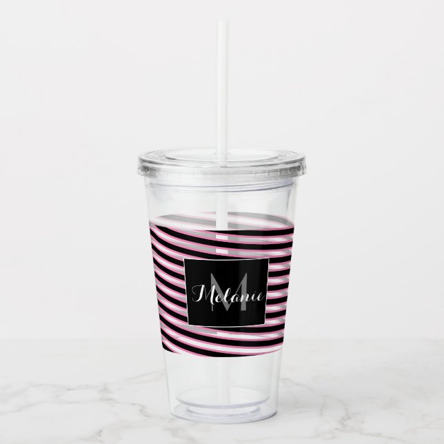 Rosa svarta spiralband Monogram Anpassad Take Away Mugg (Framsida)