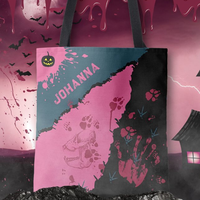 Rosa svarta spökliga tassavtryck Halloween Tygkasse (Pink & Black Spooky Paw Prints Tote Bag ©Susanne Sachers - Sunny Mind 🌞)