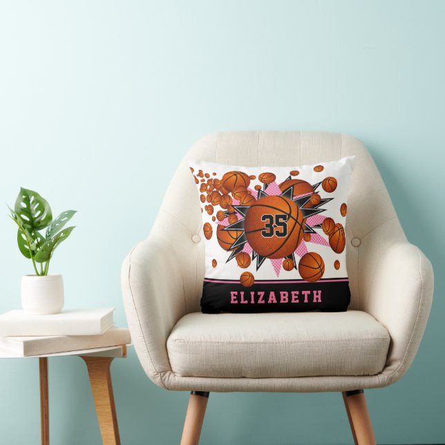 rosa svarta sportrumsflickor baskrar stjärnor kudde (Stol)