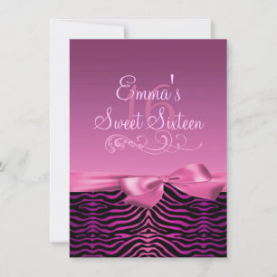 Rosa/Svarta Zebra tryck och Bow Birthday Inbjudan