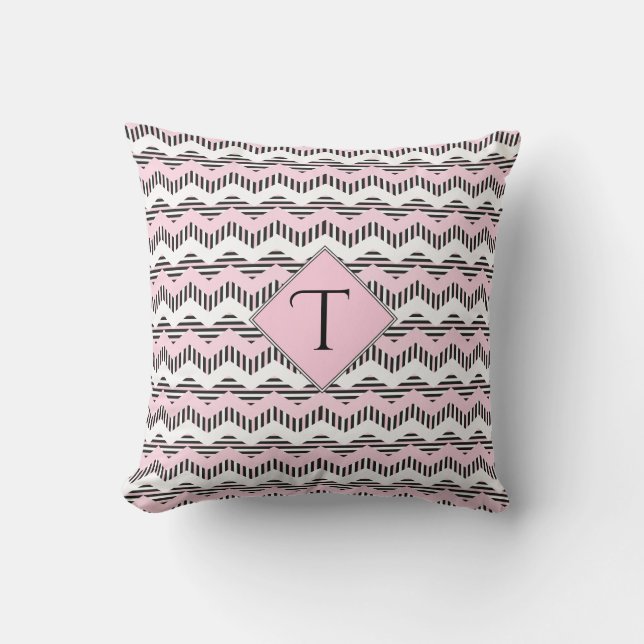 Rosa, svartvitt, Anpassningsbar Monogram Kudde (Framsida)