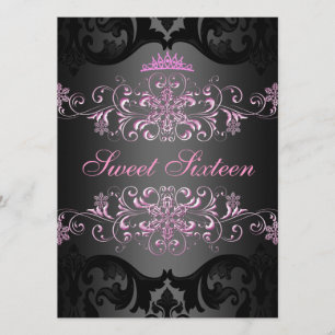 Rosa Sweet16 Elegant Tiara Damask Födelsedagsinbju Inbjudningar