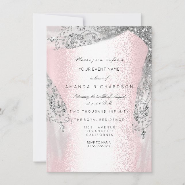 Rosa Sweet 16-års bröllops silvergrå diamantklänni Inbjudningar (Framsida)