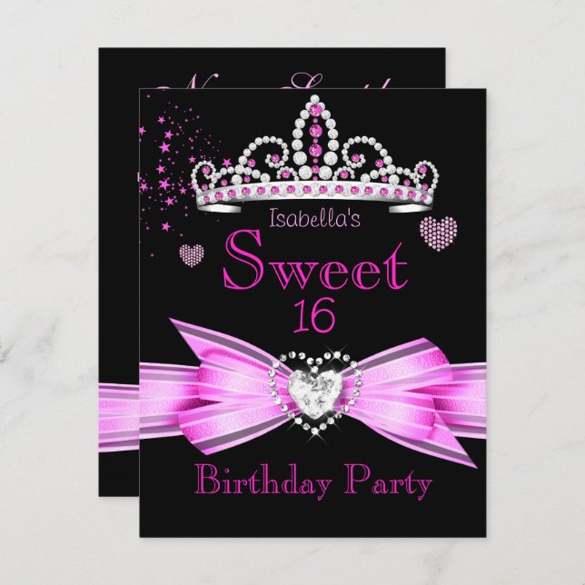 Rosa Sweet 16 Birthday Diamond Tiara Inbjudningar (Fram/baksida)