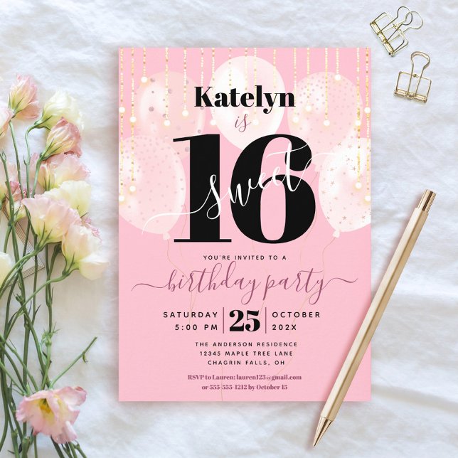 Rosa Sweet 16 Birthday Girly Glam Balloons Script Inbjudningar (Skapare uppladdad)