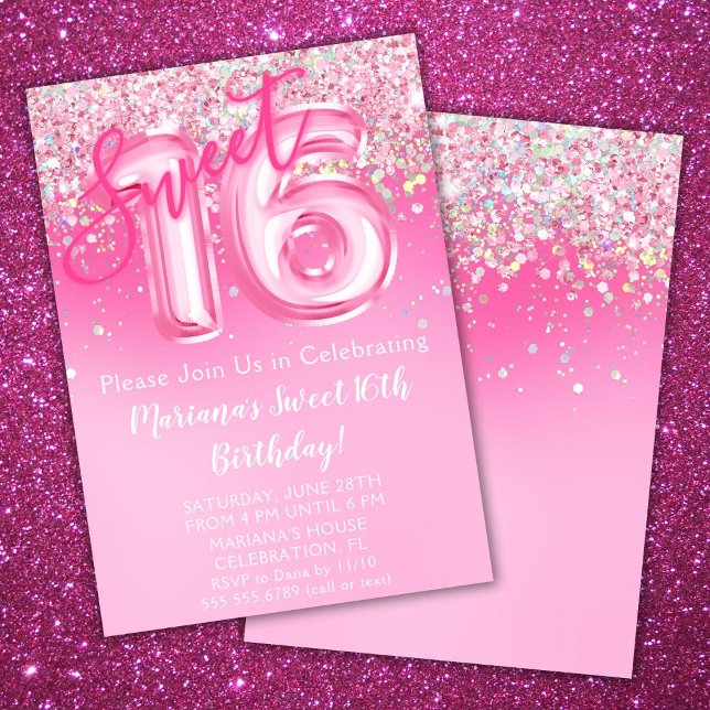 Rosa Sweet 16:e födelsedagsinbjudan Rosa Glitter Inbjudningar (Skapare uppladdad)