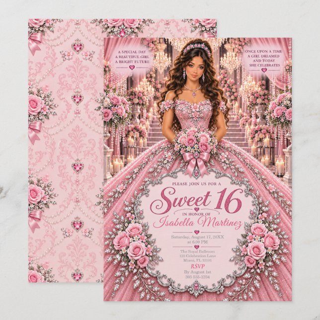 Rosa Sweet 16-fest Inbjudningar (Fram/baksida)