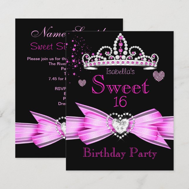 Rosa Sweet 16 Födelsedags Diamant Tiara Inbjudningar (Fram/baksida)