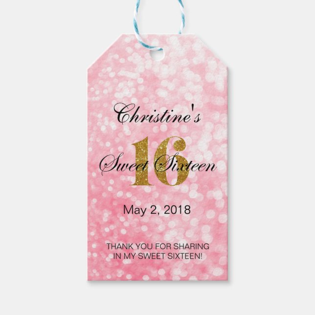 Rosa Sweet 16 Guld Glitter Favor|Gift-Märkre Presentetikett (Framsidan)