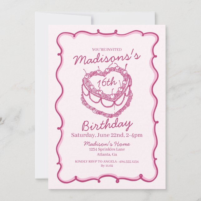 Rosa Sweet 16 Heart Coquette Cherry Cake Birthday Inbjudningar (Framsida)