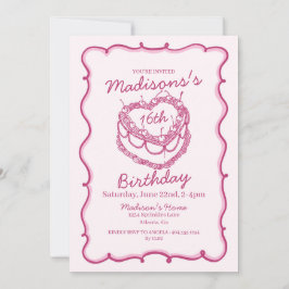 Rosa Sweet 16 Heart Coquette Cherry Cake Birthday Inbjudningar