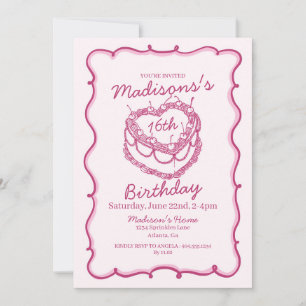 Rosa Sweet 16 Heart Coquette Cherry Cake Birthday Inbjudningar