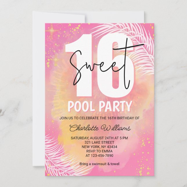 Rosa Sweet 16 Poolparty Födelsedag Inbjudningar (Framsida)
