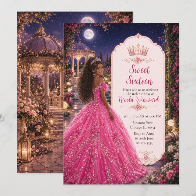 Rosa Sweet 16 Royal Prinsessa Inbjudningar (Fram/baksida)