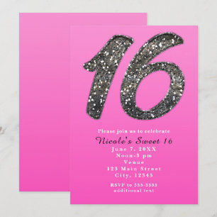 Rosa Sweet 16 Silver Glitter Festliga Inbjudningar
