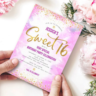 Rosa Sweet 16 Watercolor Guld Birthday Modern Bold Inbjudningar
