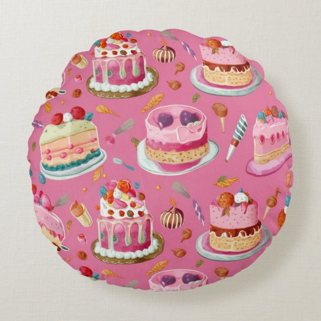Rosa Sweet Cake Mönster Rund Kudde (Framsidan)
