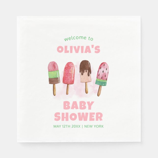 Rosa Sweet Ice Cream Popcicle Baby Shower Välkomme Pappersservett (Framsidan)