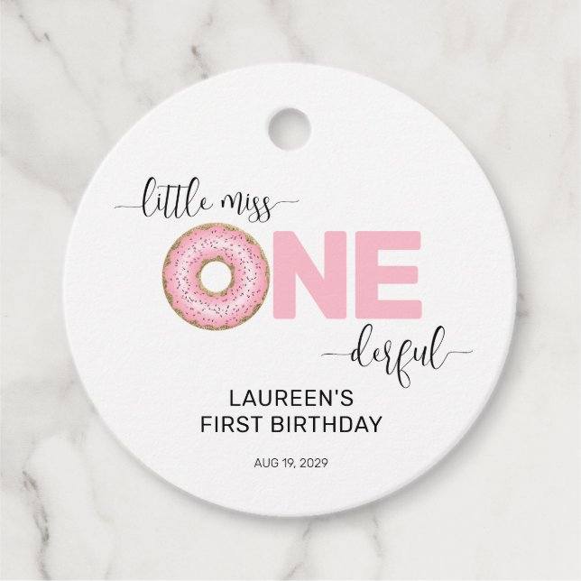 Rosa Sweet Little MI:s första födelsedag Gåvor Etiketter (Framsida)