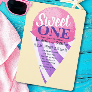 Rosa Sweet One Snö Cone Kids First Birthday Inbjudningar