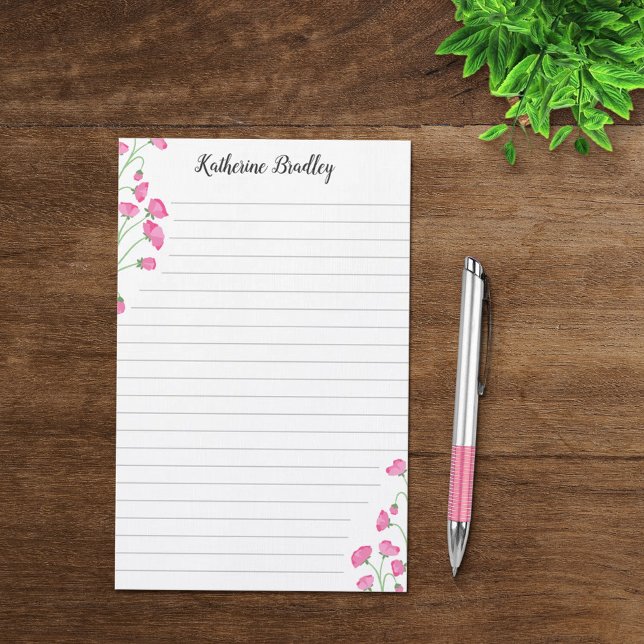 Rosa Sweet Pea Blommigt Add Namn Lined Brevpapper (Skapare uppladdad)