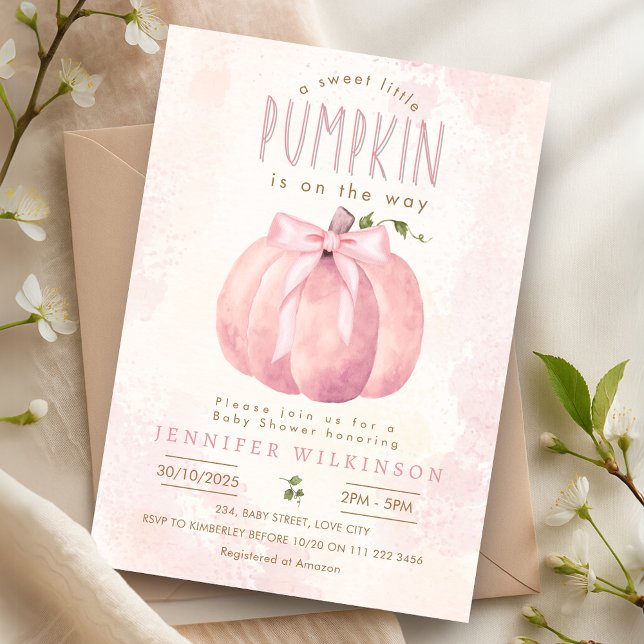 Rosa Sweet Pumpkin Bow Halloween Baby Shower Inbjudningar (Pink Sweet Pumpkin Bow Halloween Baby Shower Invitation)