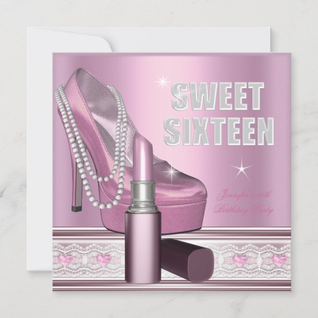Rosa Sweet Sixteen 16-festsko Läppstift Inbjudningar (Framsida)