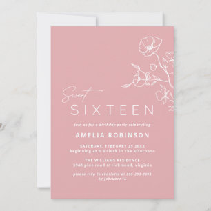  Rosa Sweet sixteen Airy Blommigt 16:e födelsedage Inbjudningar