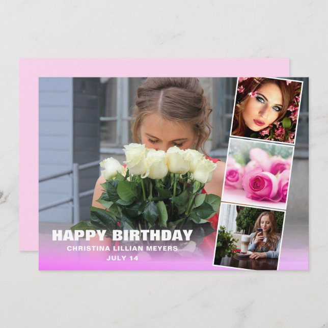 Rosa Sweet sixteen Birthday Photo Collage Card (Fram/baksida)